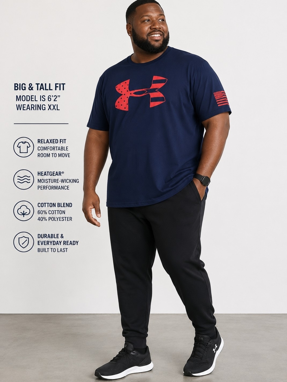 Under Armour HeatGear Patriotic Logo T-Shirt XXL Navy Red Short Sleeve Tee